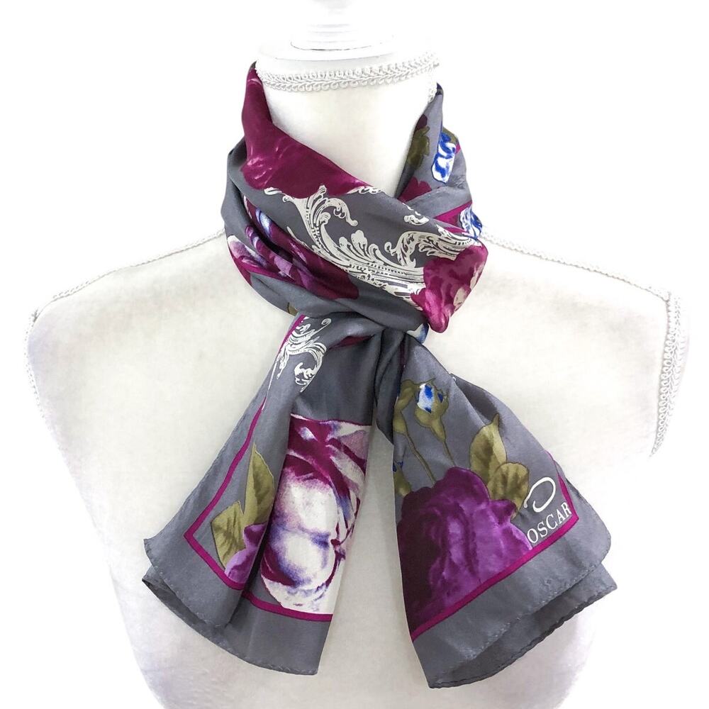 Oscar De La Renta 100% Silk Floral Roses Purple and Gray Scarf